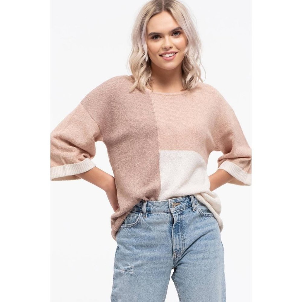 Pink Color Block 3/4 Sleeve Sweater